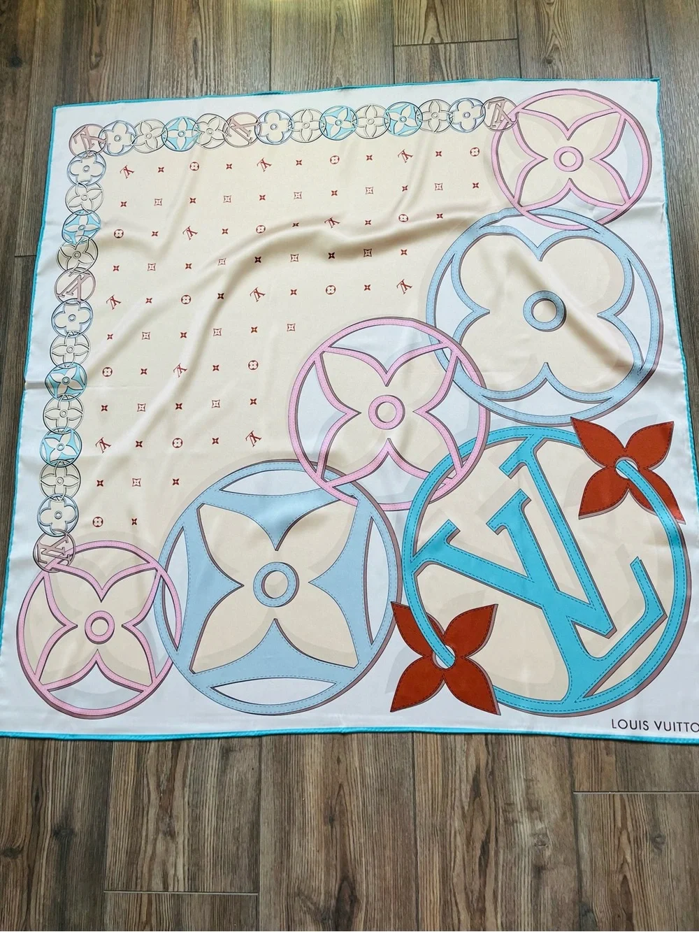 100 % silk Cream, Light Blue & Pink Monogram Scarf with Rust Accents 34/34 inche